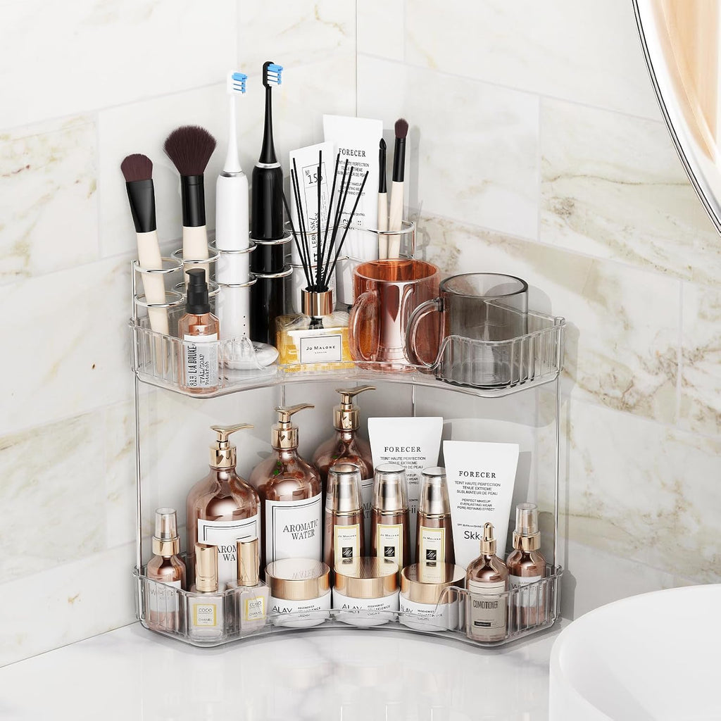 2-Tier Corner Bathroom Counter Organizer with Top Toothbrush