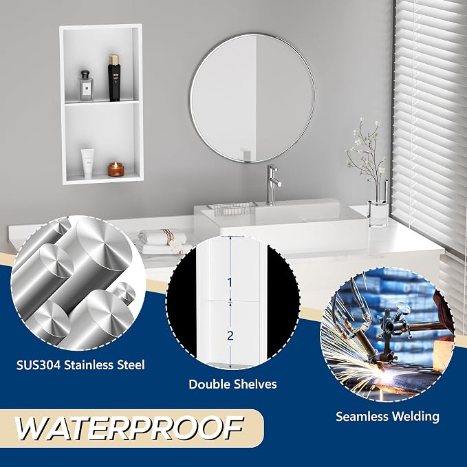 Stainless Steel Shower Niche 24" X 12", No Tile Needed Wall Niche Double Shelves - Image 6
