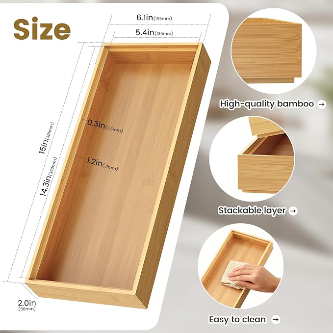 Bamboo Drawer Organizer, Stackable Utensil Trays - Image 4