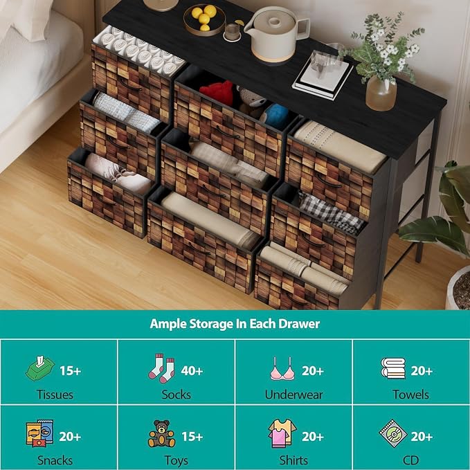TV Stand with 9 Drawers, Chest of Drawers with Fabric Bins, Storage Organizer - Image 5
