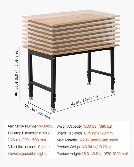 VEVOR Adjustable Workbench, 1500 lbs Capacity, 48 x 24 Inch Oak Wood Top - Image 7