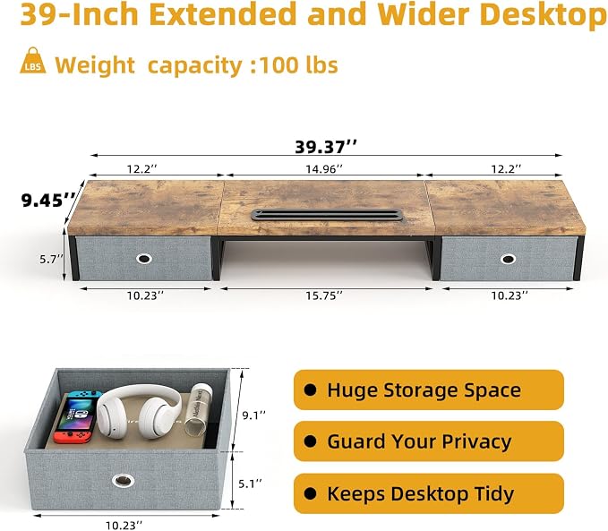 Dual Monitor Stand Riser with 2 Drawers - Image 7