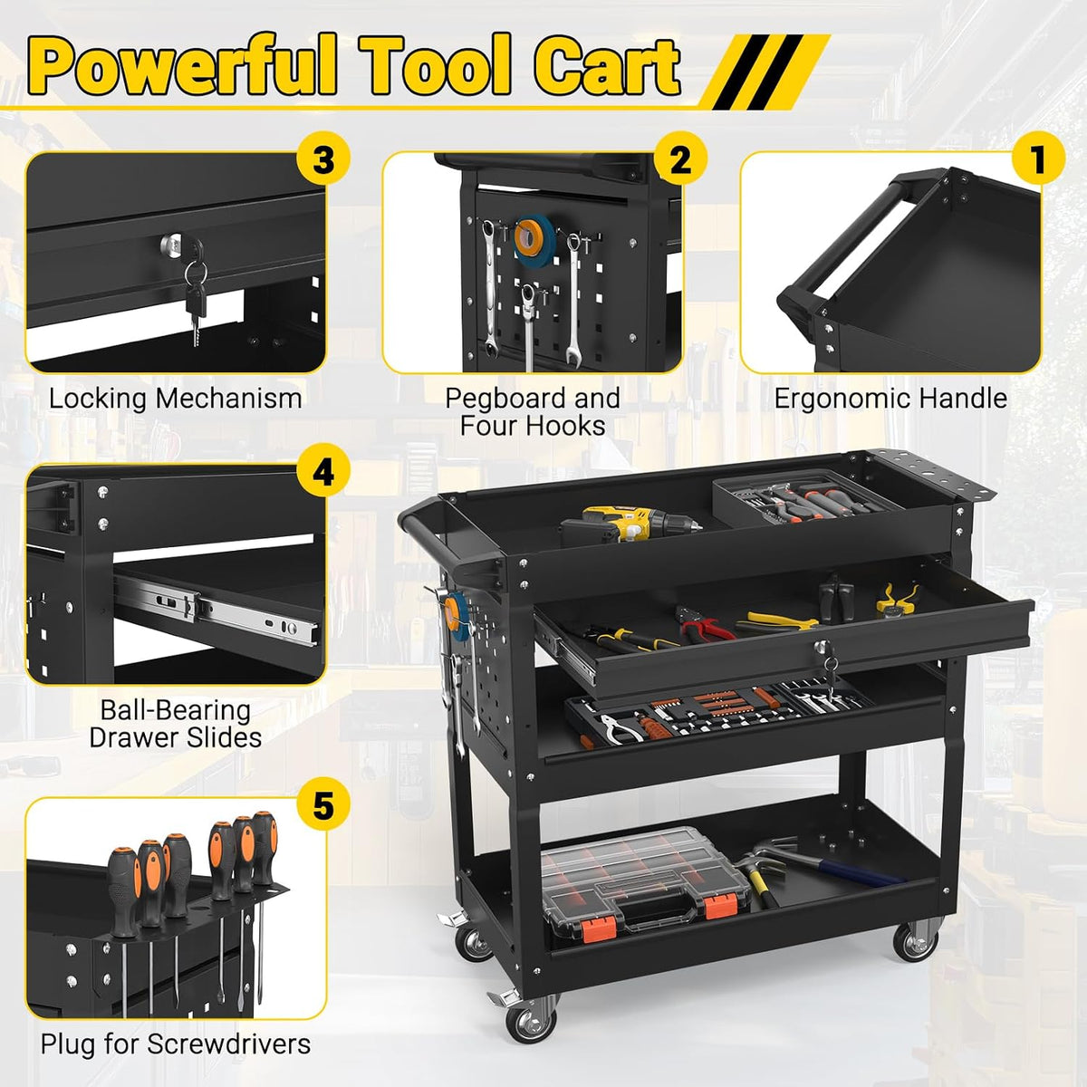 3 Tier Rolling Tool Cart on Wheels, 550 LBS Tool Cart with