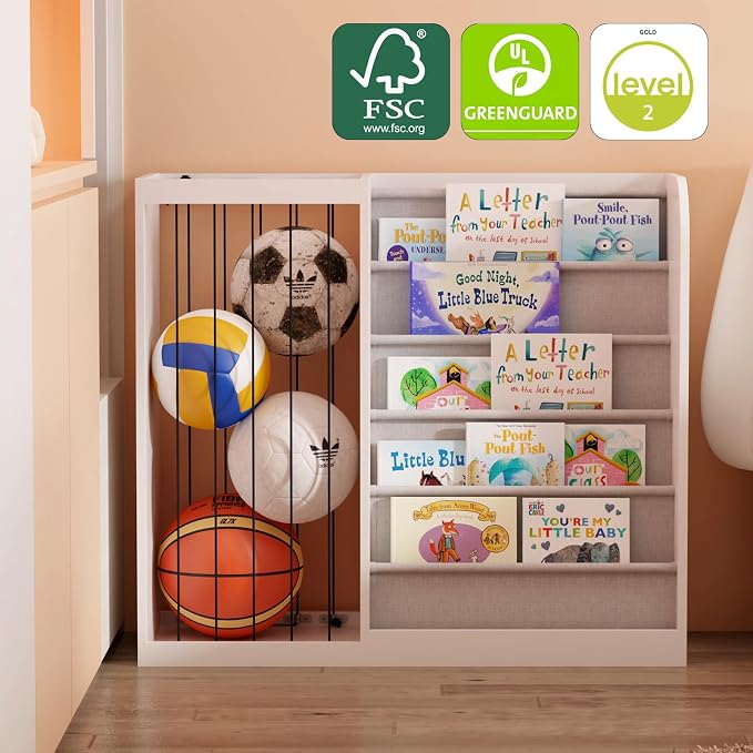 White Kids Bookshelf & Stuffed Animal Net Holder Plush Toy Storage Organizer - Image 4