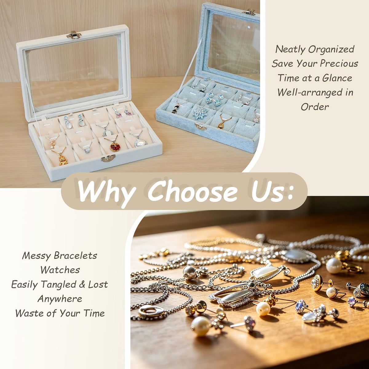 Jewelry Box Necklaces Organizer Beige 12 Slots, Pendants Display for