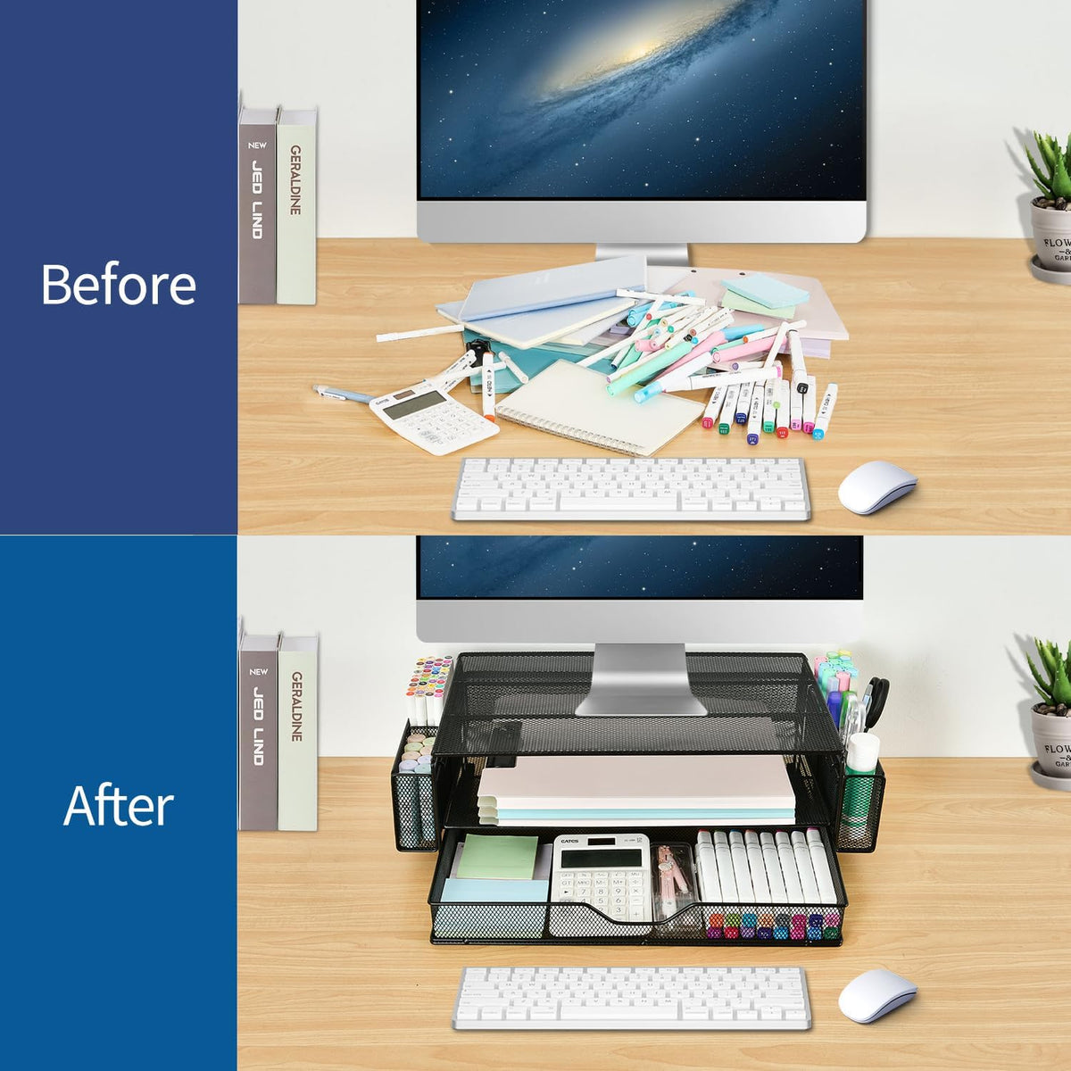 2 Tier Computer Monitor Stands with Drawer and 2 Pencil Holder, Metal