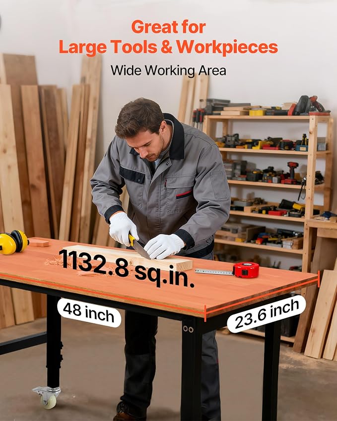 VEVOR Adjustable Workbench on Wheels, 1500 lbs Capacity, 48 x 24 Inch Oak Wood - Image 6