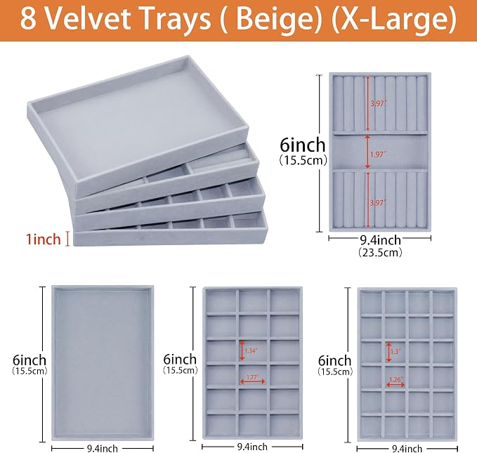 8 Pack Velvet Jewelry Trays X-Large Stackable Jewelry Drawer Organizer 8-Layer - Image 3