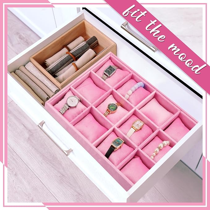 Henoyso 2 Pieces 12 Grid Velvet Watch Tray Jewelry Organizer Stackable Watch - Image 6