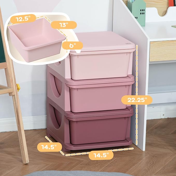 Qaba 3 Tier Kids Storage Unit, 3 Drawer Chest Toy Organizer Plastic Bins - Image 8