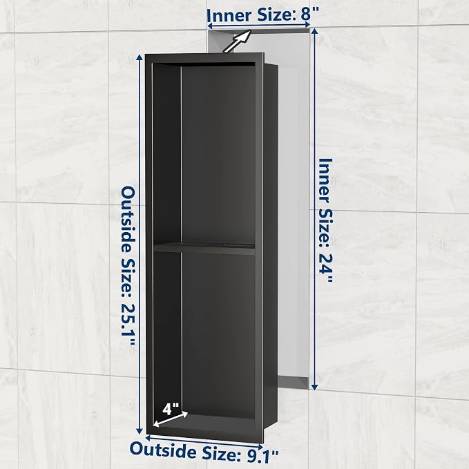 Stainless Steel Shower Niche 24" X 8", No-Tile Needed Wall Niche Double Shelves - Image 2