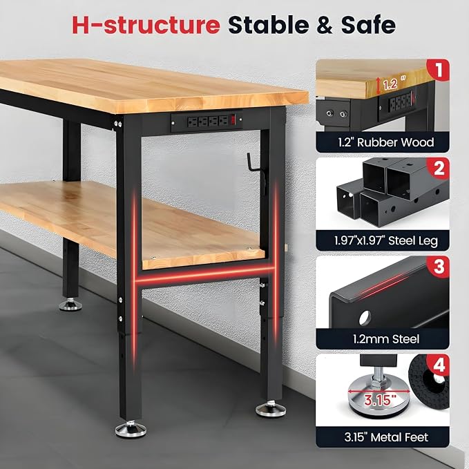 Workbench with Double Layers 48 x 20 Inch Heavy Duty Rubberwood Tabletop Work - Image 5
