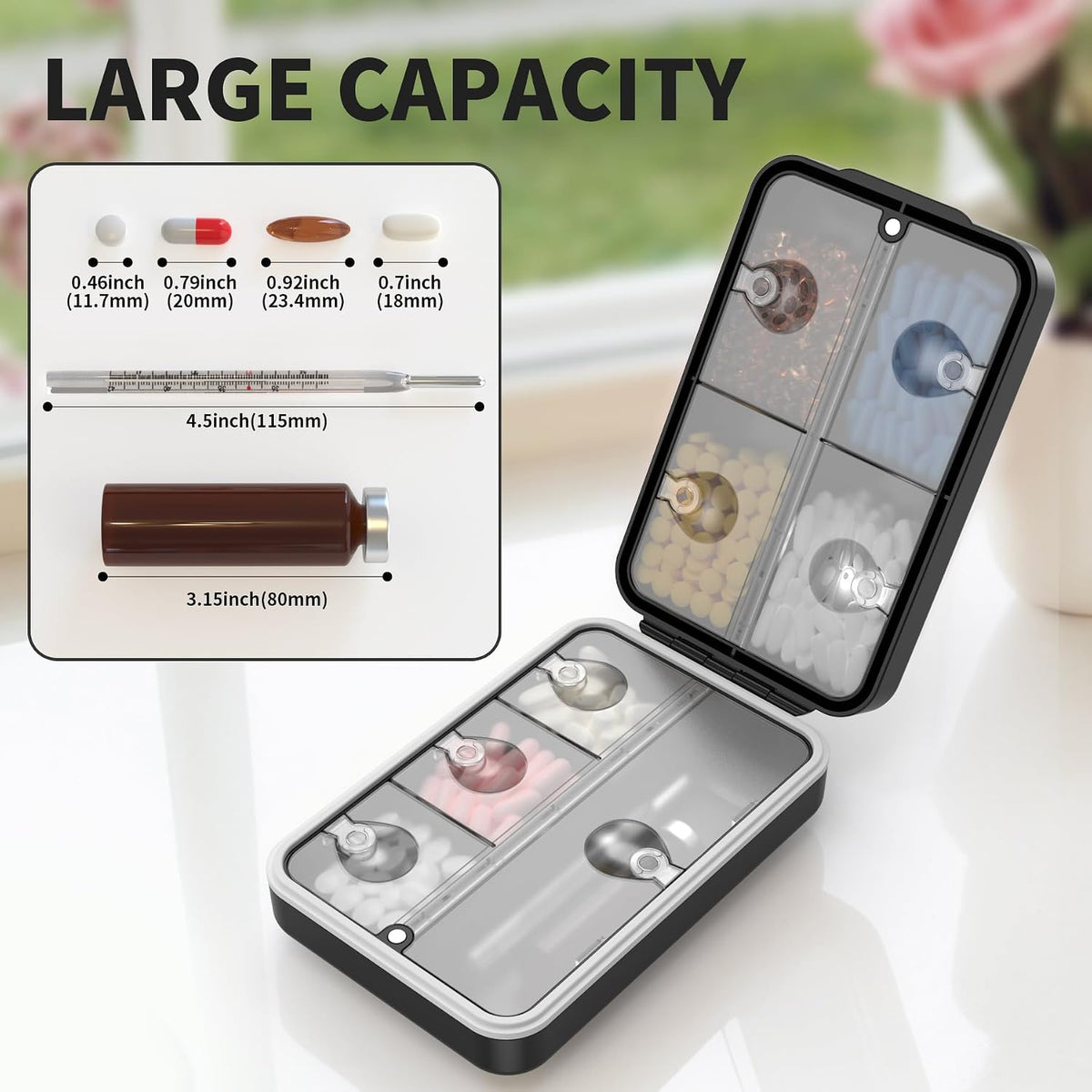 Magnetic Travel Pill Organizer Large 7 Day Medicine Box Case-Black