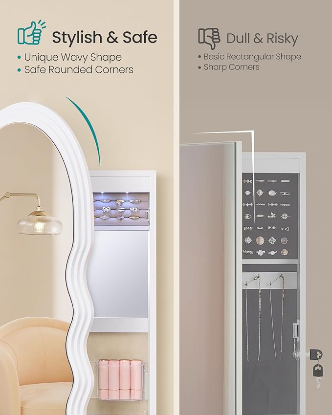SONGMICS Mirror Jewelry Cabinet Wall Mounted Over the Door, Hanging LED Jewelry - Image 3