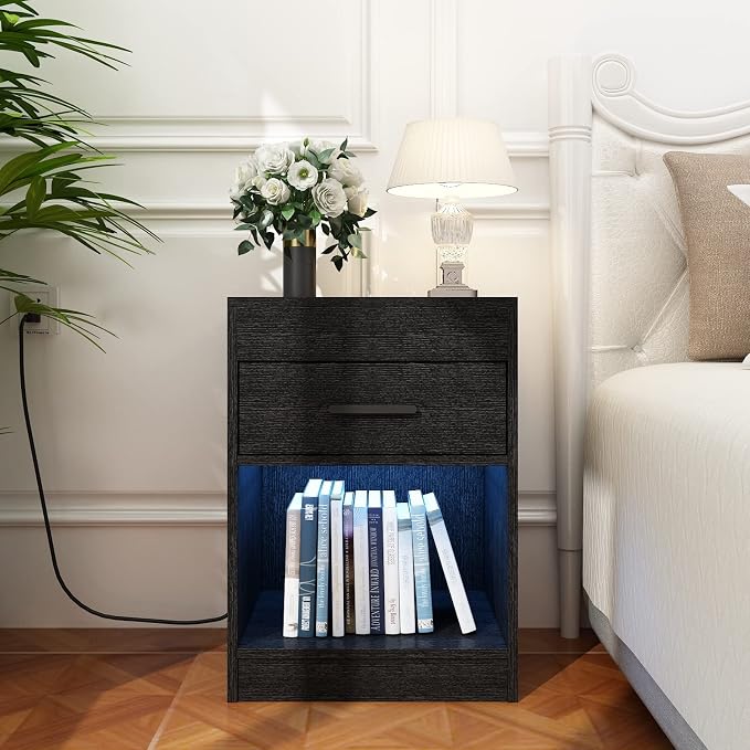 Auromie Nightstand with Charging Station and LED Lights, Concealment Furniture - Image 9
