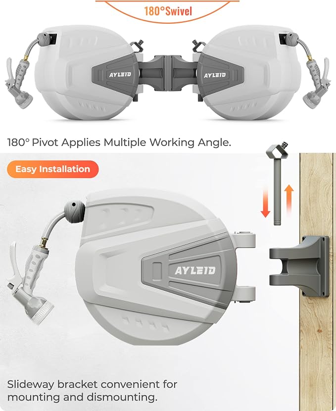 Ayleid Retractable Garden Hose Reel, 1/2 in x 65 ft Wall Mounted Hose Reel - Image 7