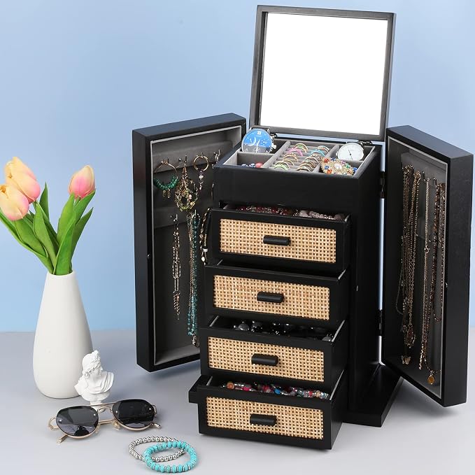 Jewelry Organizer, Rattan Jewelry Box, 5 Layer Wooden Jewelry Organizer Box - Image 2