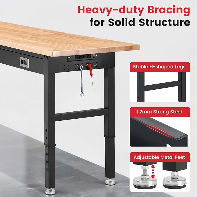 Work Bench for Garage with Drawers 60 x 22 Inch Heavy Duty Rubberwood Tabletop - Image 4