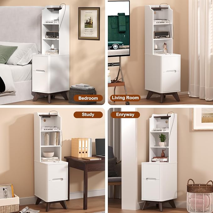 Tall Nightstand with Charging Station, Narrow Side Table with Bookshelf - Image 6