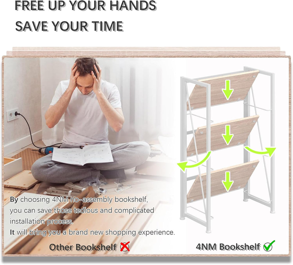 No Assembly Folding Bookshelf Storage Shelves 3 Tier Vintage Bookcase