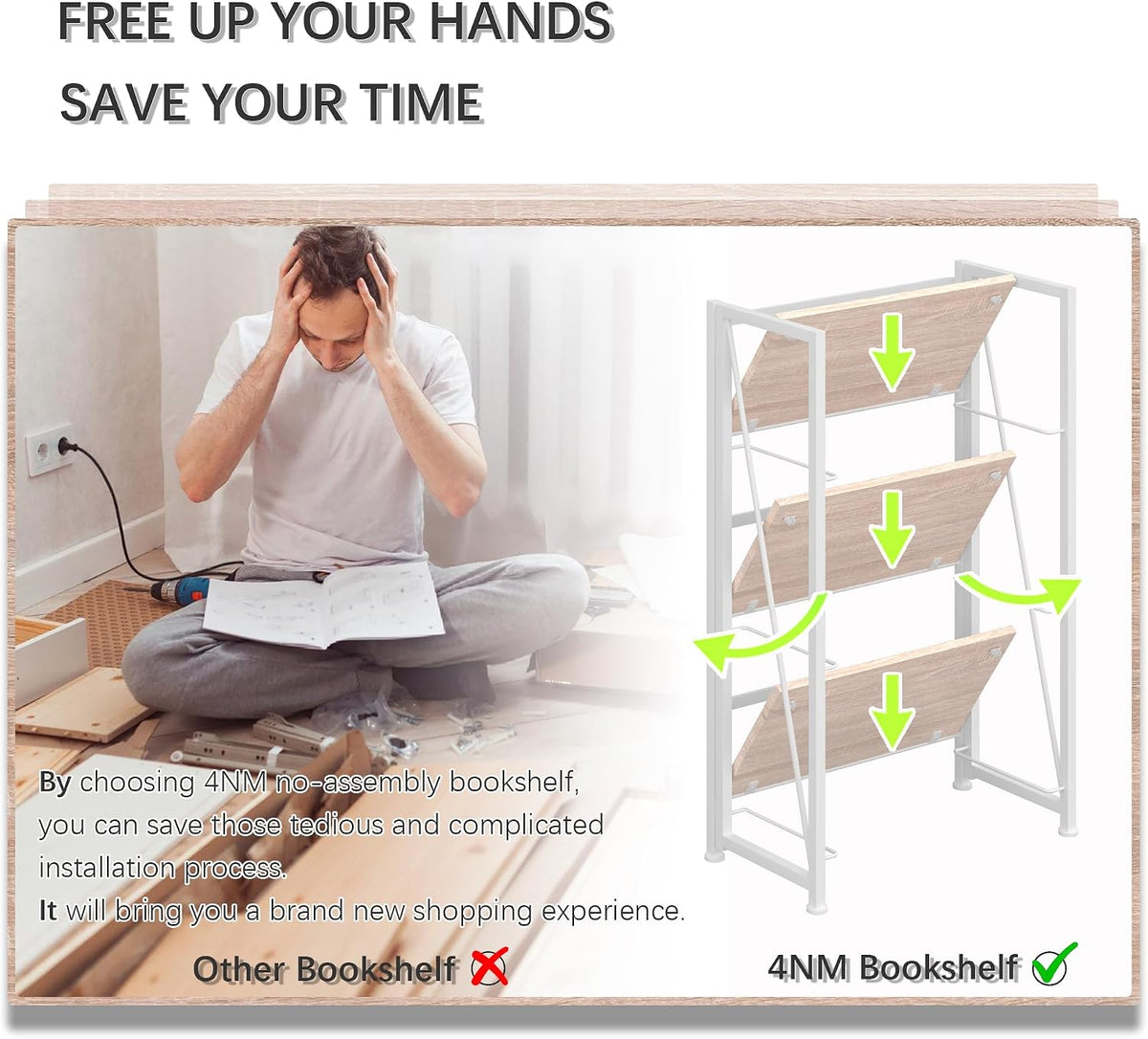 No Assembly Folding Bookshelf Storage Shelves 3 Tier Vintage Bookcase