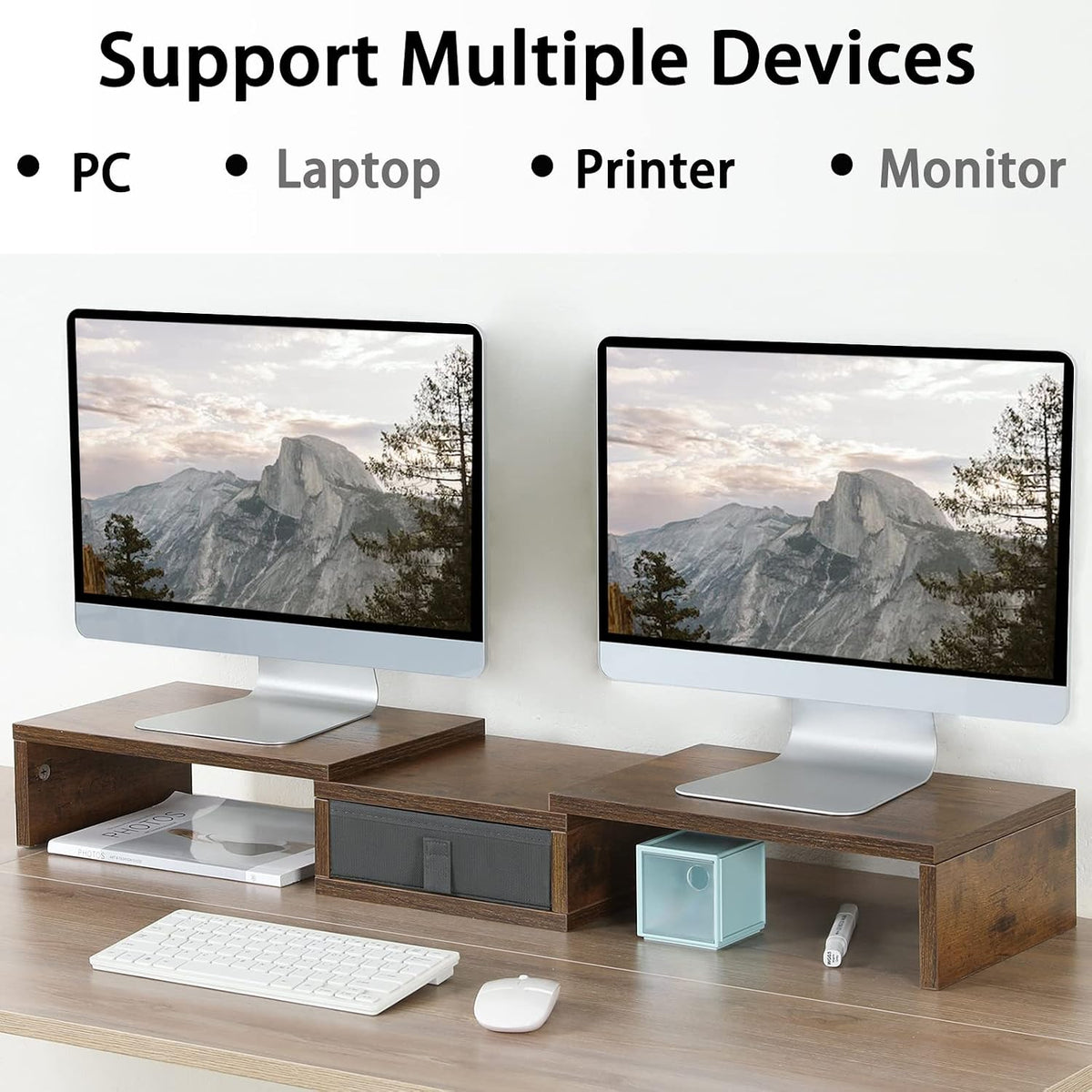 TEAMIX 3 Shelf Monitor Stand Riser With Drawer - Length and Angle