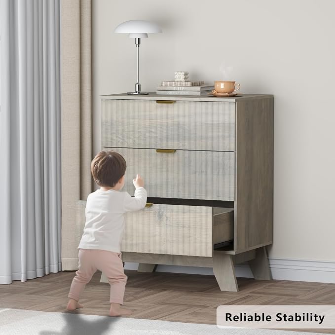 Fluted 3 Drawer Dresser, 30.3" Tall Compact Modern Boho Chest of Drawers - Image 6