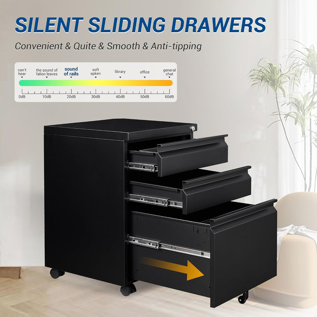 3 Drawer Vertical File Cabinet, Black Mobile Filling Cabinet with Lock