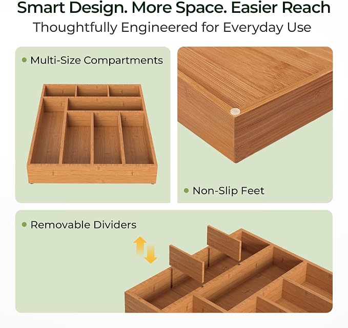 Carbonized Bamboo Kitchen Drawer Organizer, 8 Slots Silverware Organizer - Image 7