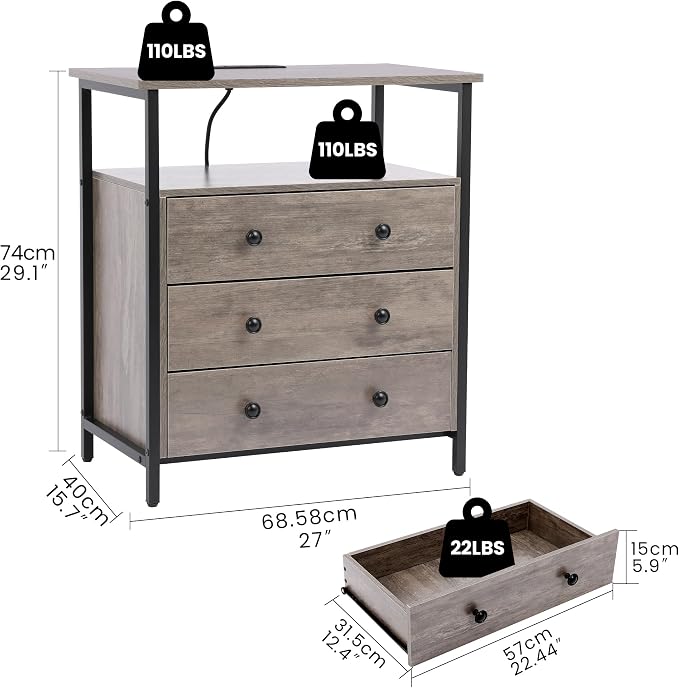 3 Wooden Drawers Nightstand, 27 Inch Wide Night Stand Set 2 - Image 3