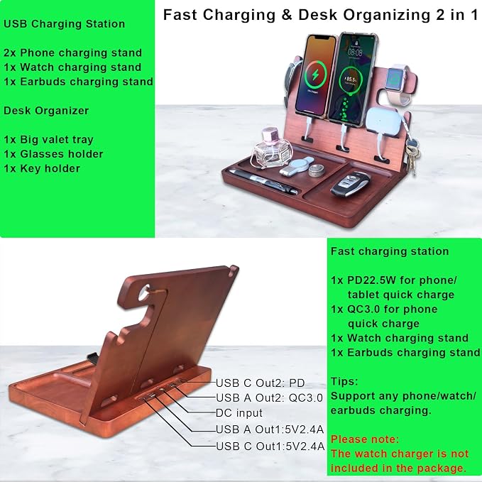 Wood Phone Docking Station for Men Nightstand Organizer Charger - Image 7