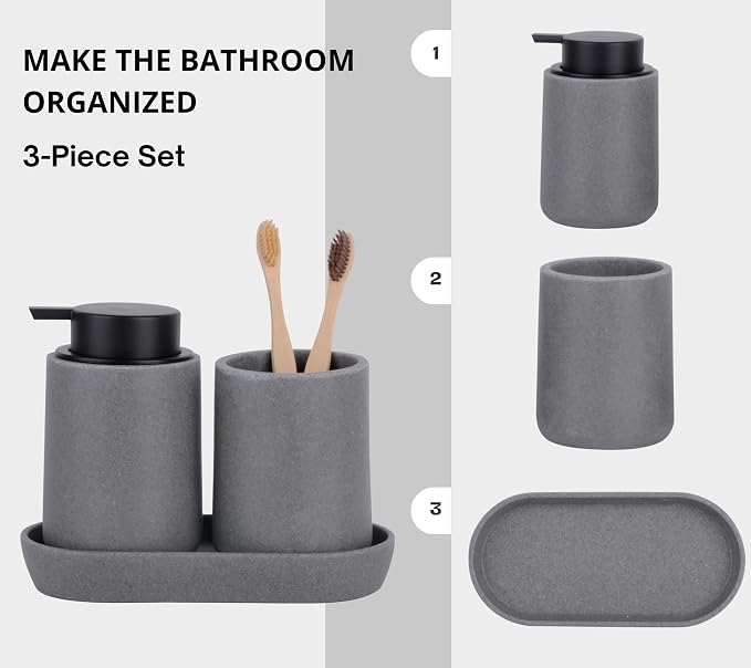 Grey Bathroom Accessories Set, Sandstone Look Soap Dispenser - Image 2