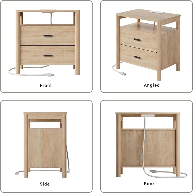 Night Stand with Charging Station, 2 Drawers End Table with Open Shelf - Image 7