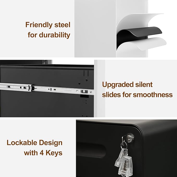 3 Drawer File Cabinet with Lock and 4 Keys, Mobile Metal Filing Cabinet - Image 5