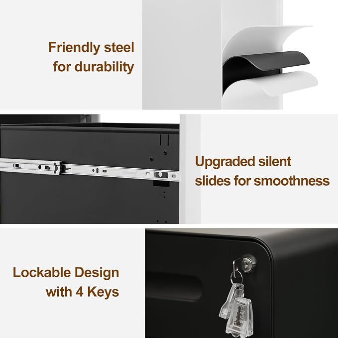 3 Drawer File Cabinet with Lock and 4 Keys, Mobile Metal Filing Cabinet - Image 4