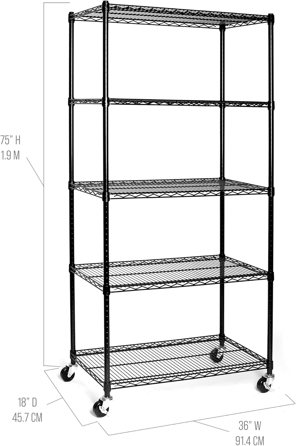UltraDurable 5-Tier NSF Steel Wire Shelving, 36"W x 18"D x 75"H, Black