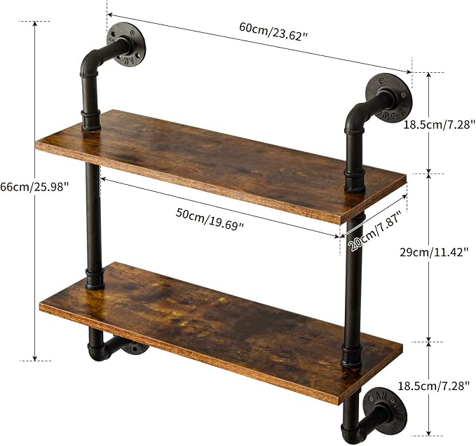 YMYNY Industrial Pipe Shelf Bracket, 2 Tiers Retro Wall Mounted Floating Shelf - Image 3