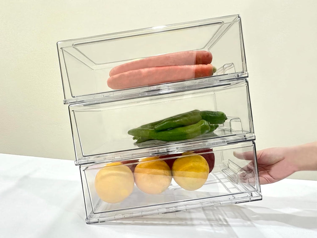 Stackable storage drawers, clear pull-out organizer with handles and