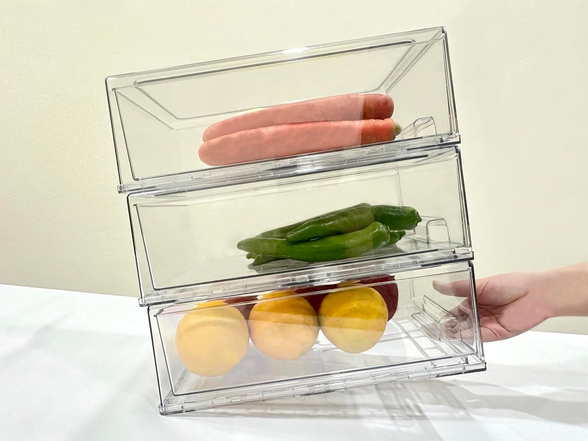 Stackable storage drawers, clear pull-out organizer with handles and