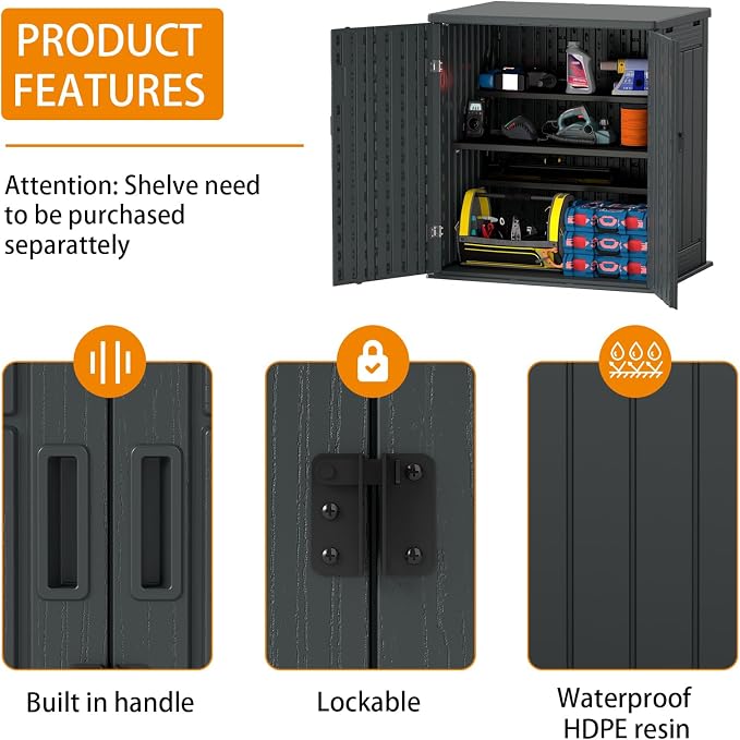 Outdoor Storage Cabinet with 2 Shelves, Waterproof Resin Horizontal Tool Shed - Image 4