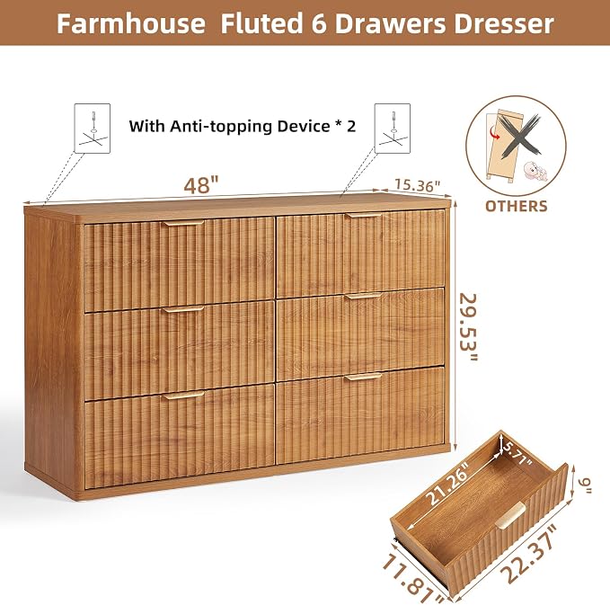 LEYAOYAO Fluted 6 Drawers Dresser Set of 2, Curved Profile Design, Dresser TV - Image 3