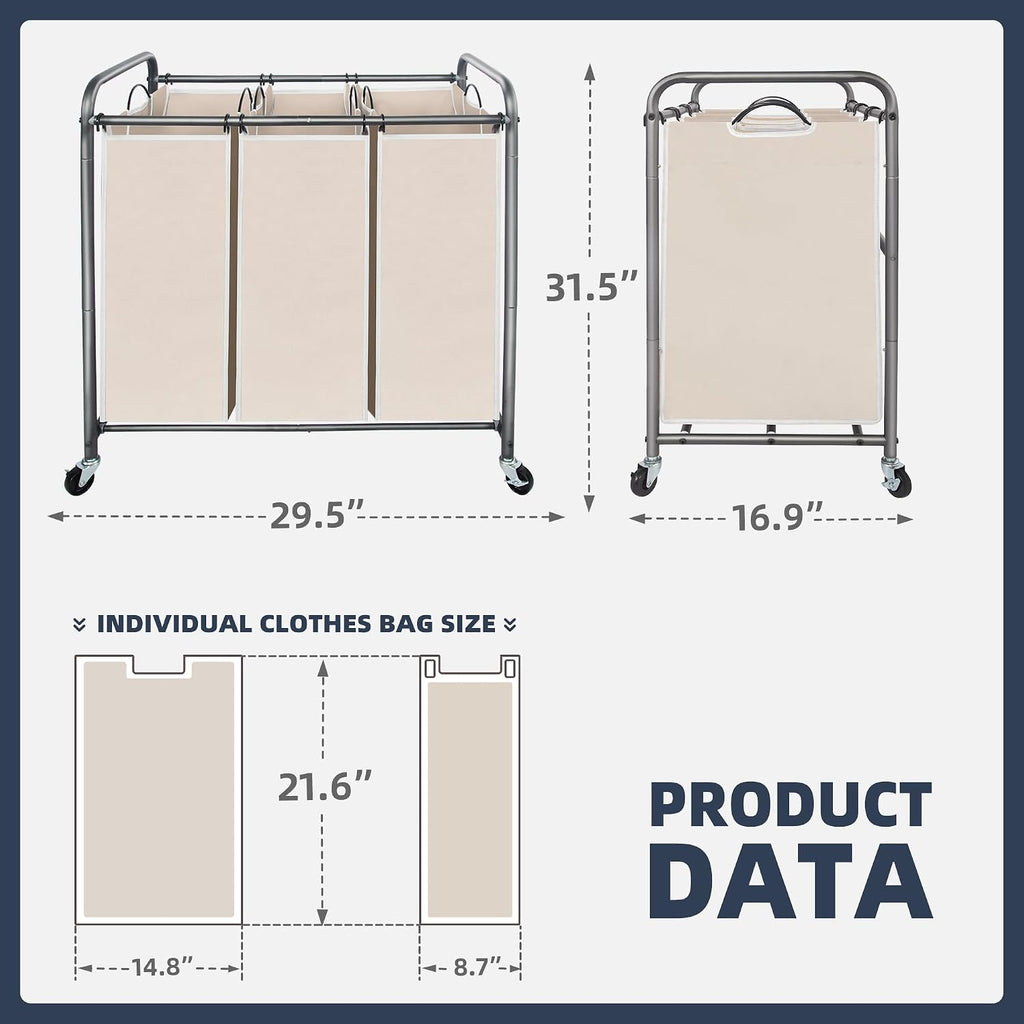 Laundry Sorter 3 Section, 3 Bag Clothes Hamper, Rolling Laundry Cart