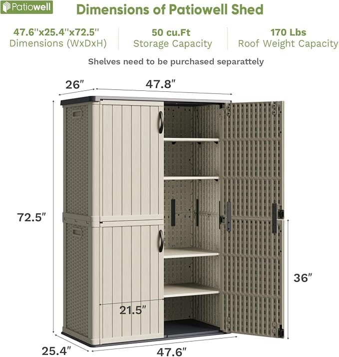 Patiowell 50 cu.ft Plastic Outdoor Storage Shed, Lockable Waterproof Resin - Image 5