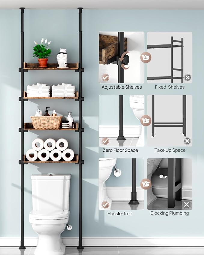 ALLZONE Bathroom Organizer, Over The Toilet Storage, 4-Tier Adjustable Wood - Image 3