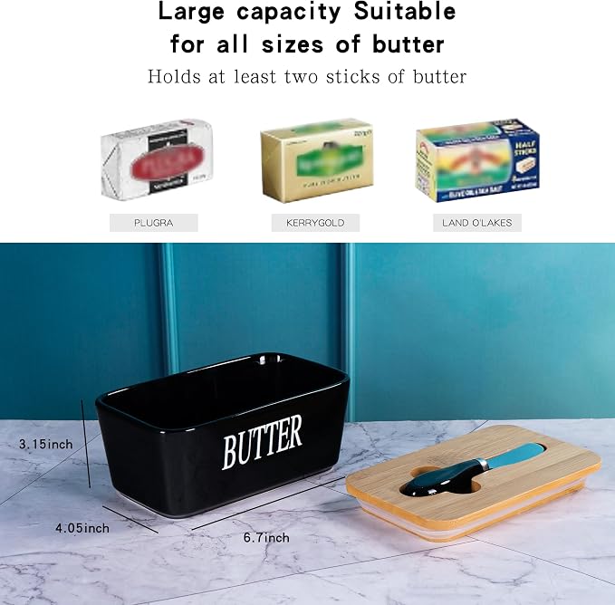 Black Butter Dish with Lid for Countertop, Large Ceramic Covered Butter Stick - Image 2