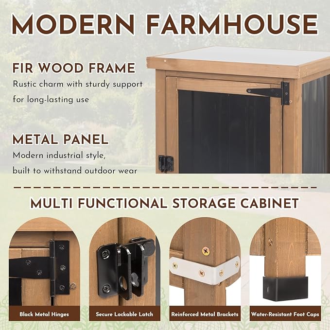 Outdoor Storage Cabinet with Metal Worktop, Fir Wood Frame & Adjustable Shelf - Image 3