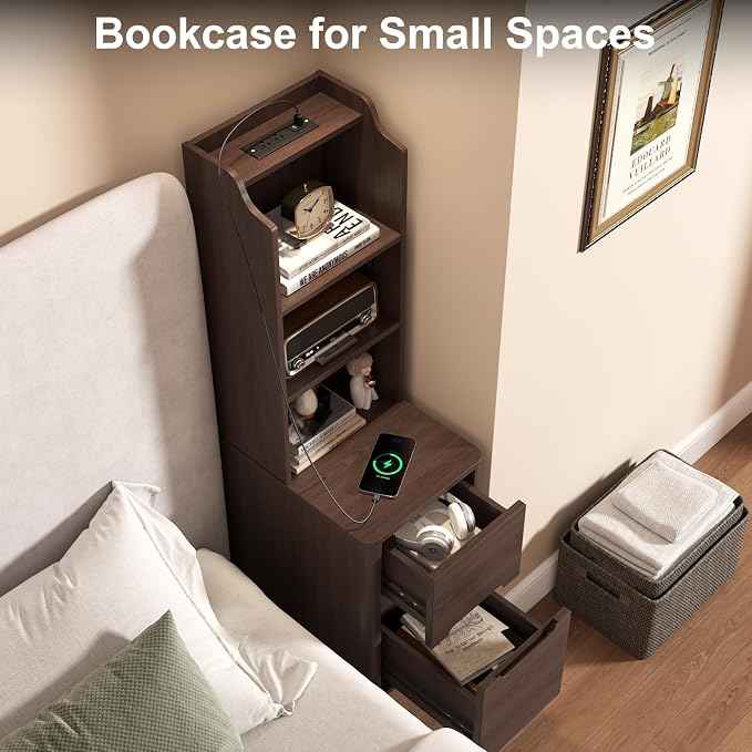 Tall Nightstand with Charging Station, Narrow Side Table with Bookshelf - Image 4
