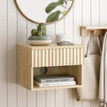 Small Floating Nightstand with Drawer, Modern Night Stand with Fluted Door and by EYYTHUNG