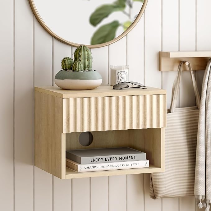 Small Floating Nightstand with Drawer, Modern Night Stand with Fluted Door and by EYYTHUNG