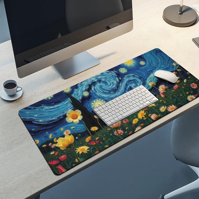 Starry Night Large Mouse Pad, Vintage Aesthetic Flowers Gaming Desk Mat - Image 8
